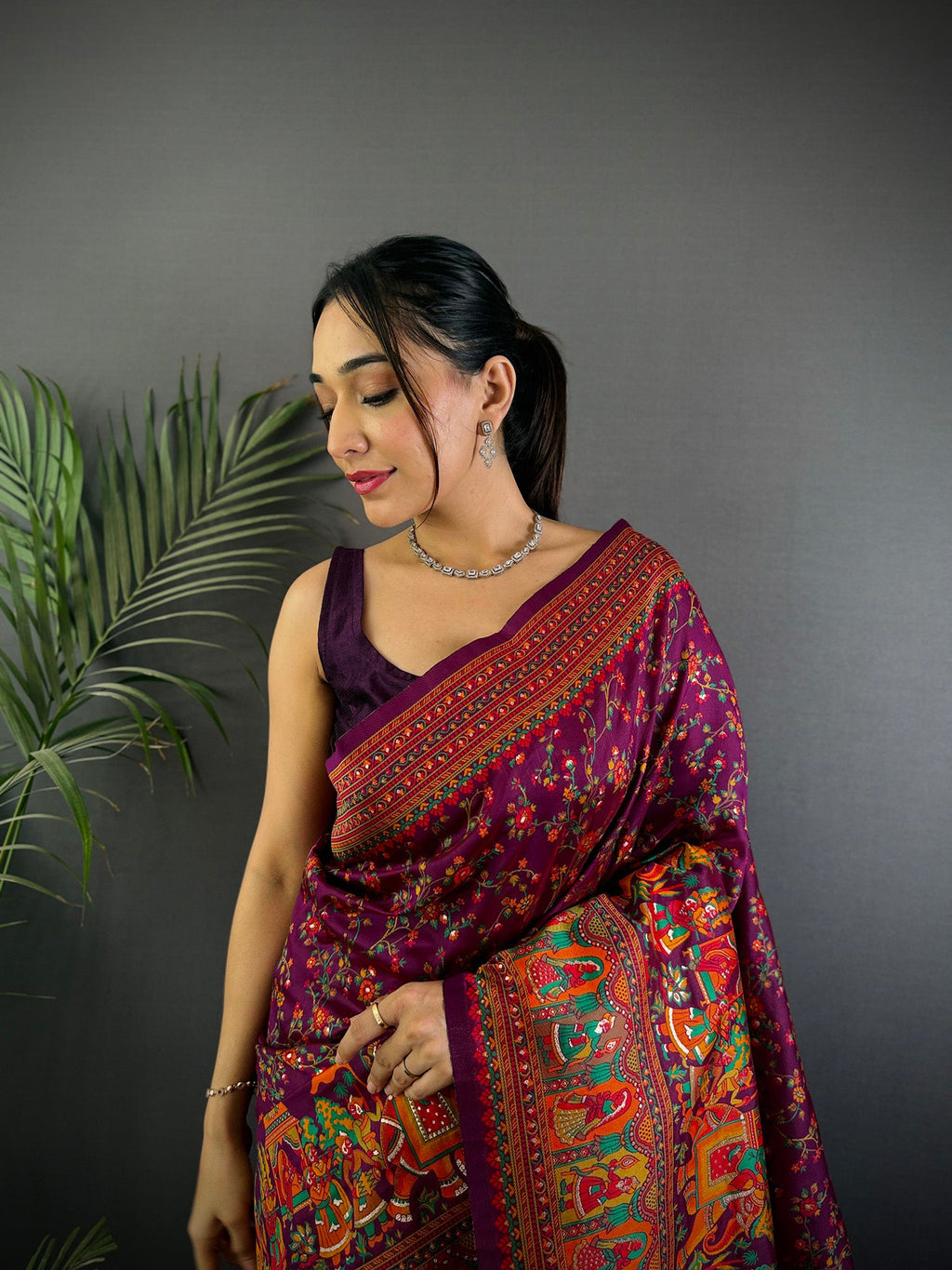 Elora Wine Pashmina Silk Meenakari Weaving Madhubani Design Kashmiri Saree | Grocsy