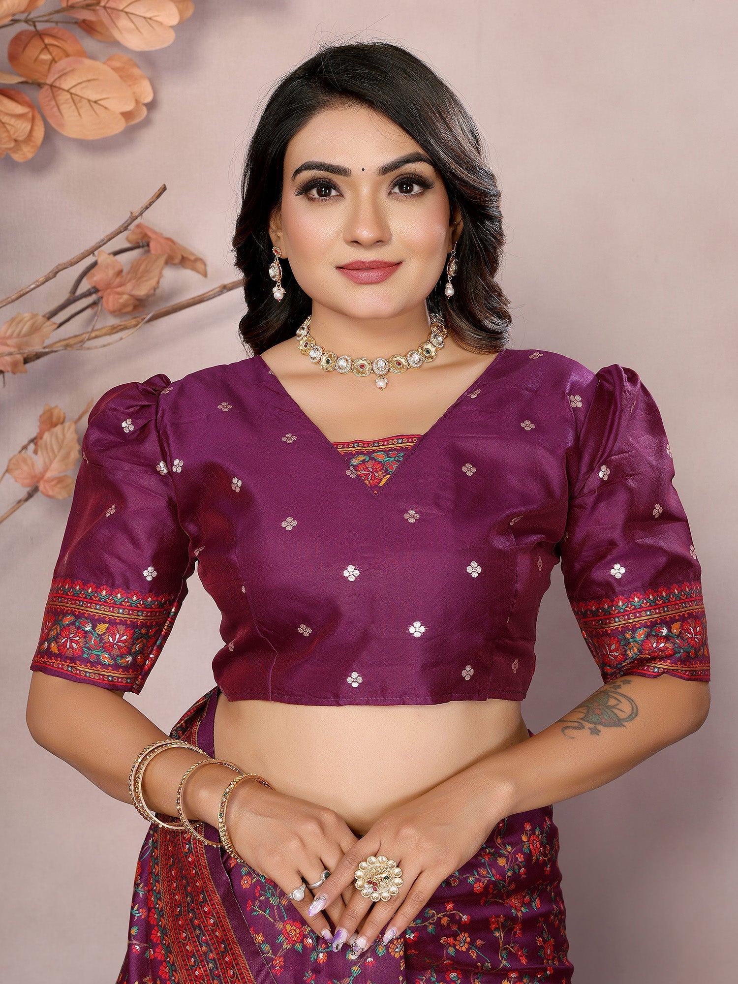 Elora Wine Pashmina Silk Meenakari Weaving Madhubani Design Kashmiri Saree | Grocsy