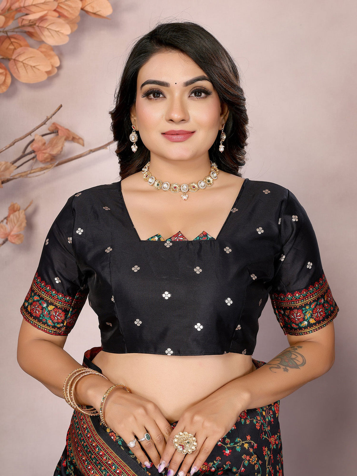 Elora Black Pashmina Silk Meenakari Weaving Madhubani Design Kashmiri Saree | Grocsy