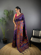 Elora Purple Pashmina Silk Meenakari Weaving Madhubani Design Kashmiri Saree | Grocsy