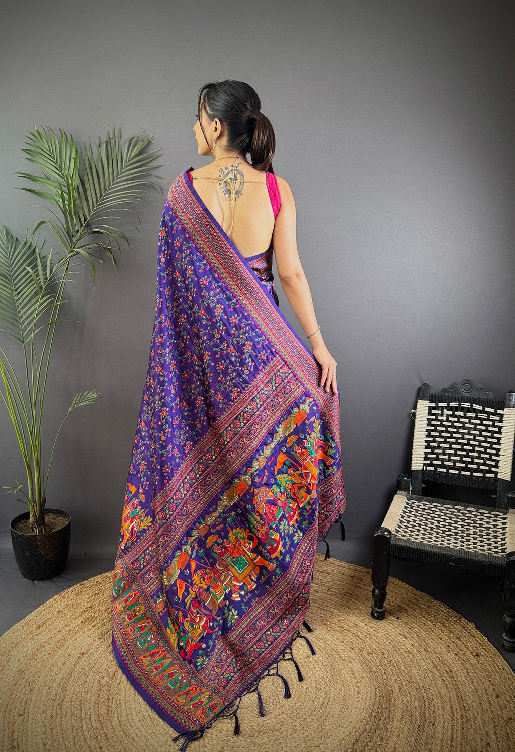 Elora Purple Pashmina Silk Meenakari Weaving Madhubani Design Kashmiri Saree | Grocsy