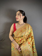 Elora Golden Yellow Pashmina Silk Meenakari Weaving Madhubani Design Kashmiri Saree | Grocsy