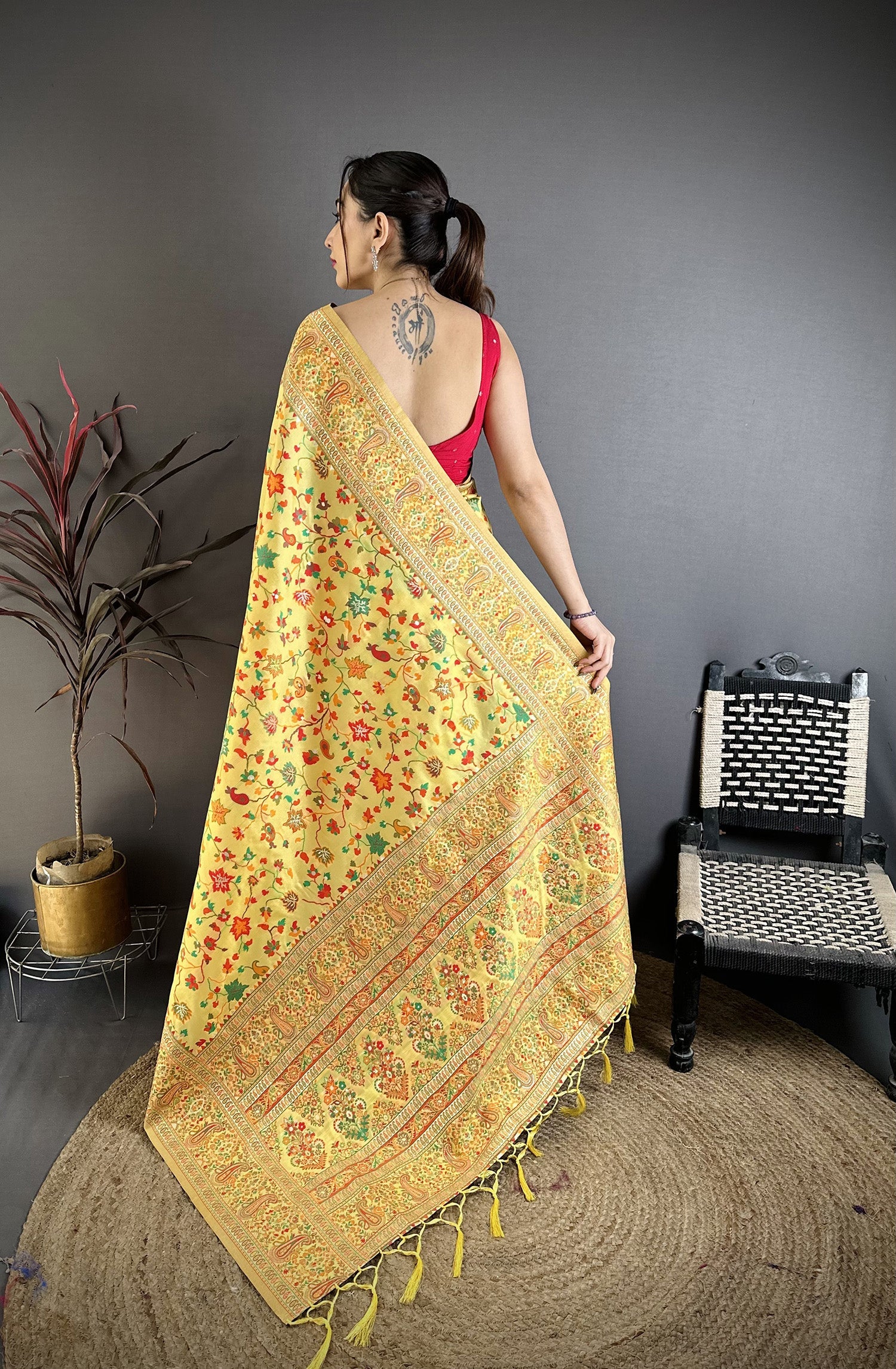 Elora Golden Yellow Pashmina Silk Meenakari Weaving Madhubani Design Kashmiri Saree | Grocsy