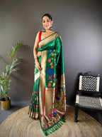 Elora Dark Green Soft Silk Motifs Mina Zari Weaving Paithani Saree | Grocsy