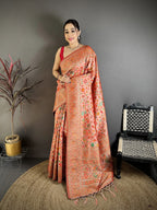 Elora Peach Pashmina Silk Meenakari Weaving Madhubani Design Kashmiri Saree | Grocsy