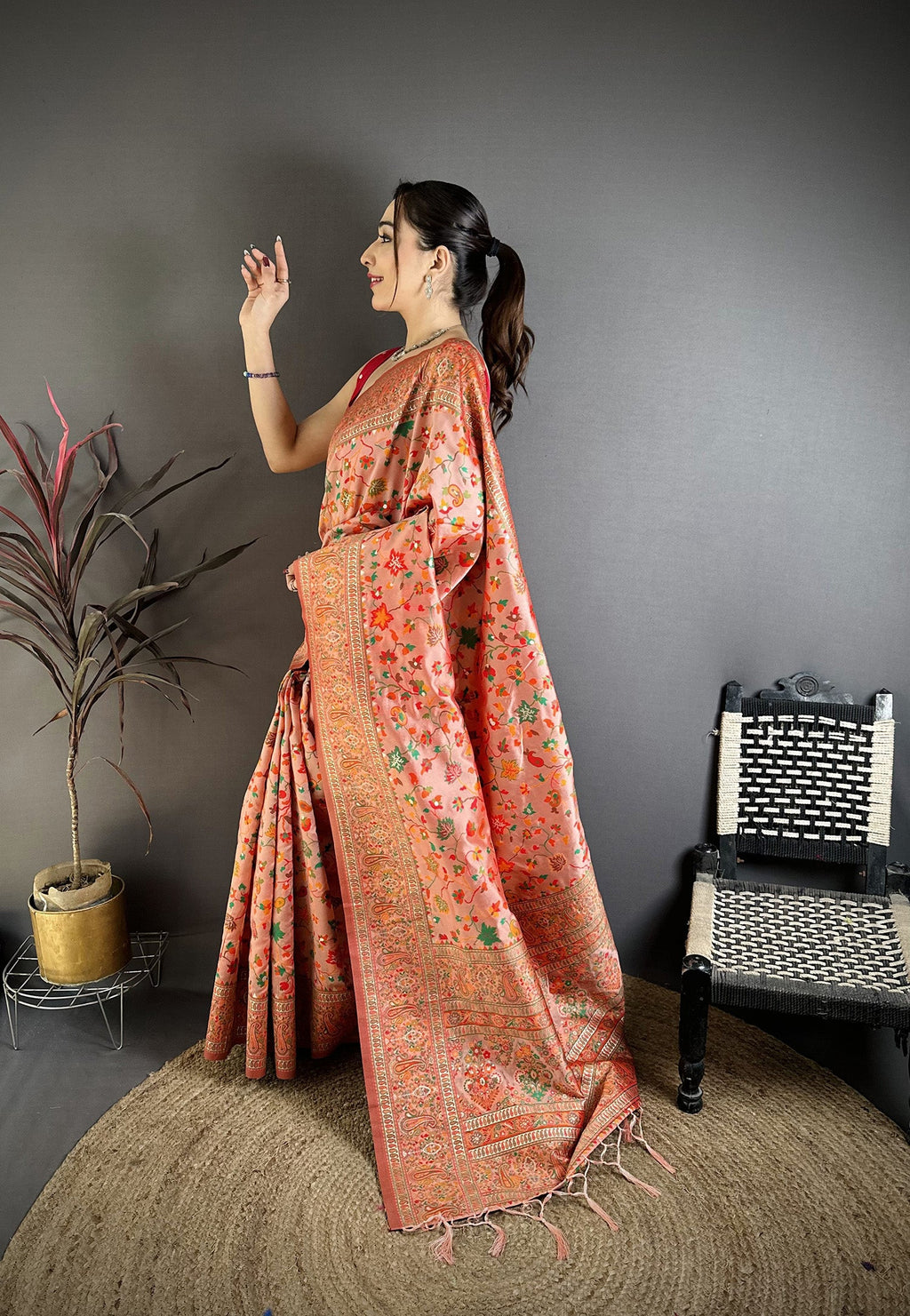 Elora Peach Pashmina Silk Meenakari Weaving Madhubani Design Kashmiri Saree | Grocsy