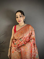 Elora Peach Pashmina Silk Meenakari Weaving Madhubani Design Kashmiri Saree | Grocsy