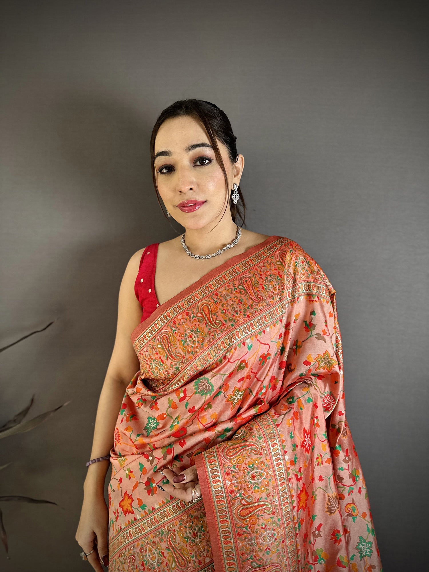 Elora Peach Pashmina Silk Meenakari Weaving Madhubani Design Kashmiri Saree | Grocsy