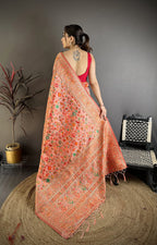 Elora Peach Pashmina Silk Meenakari Weaving Madhubani Design Kashmiri Saree | Grocsy