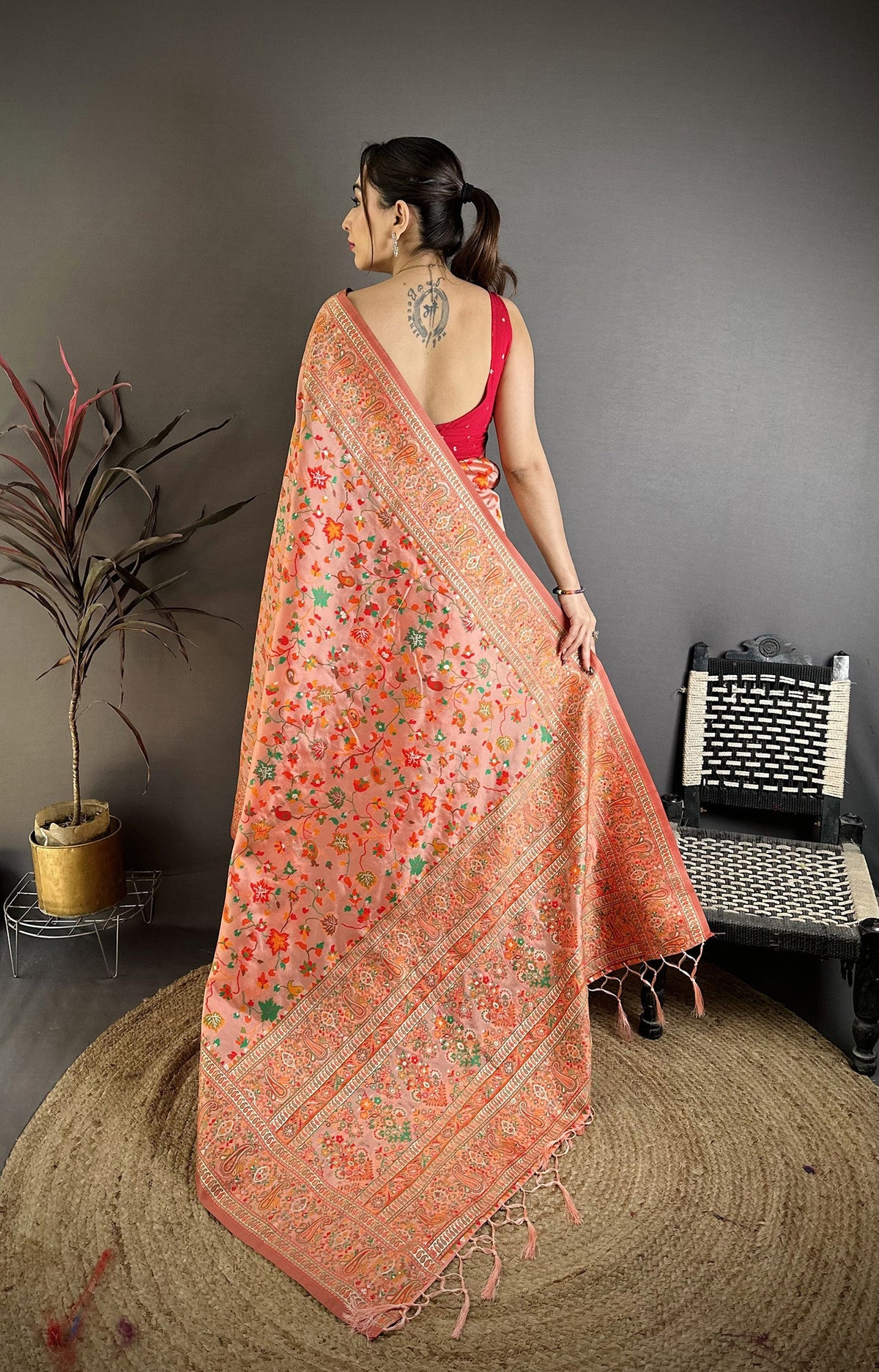 Elora Peach Pashmina Silk Meenakari Weaving Madhubani Design Kashmiri Saree | Grocsy