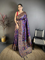 Elora Purple Pashmina Silk Meenakari Weaving Madhubani Design Kashmiri Saree | Grocsy