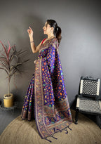 Elora Purple Pashmina Silk Meenakari Weaving Madhubani Design Kashmiri Saree | Grocsy
