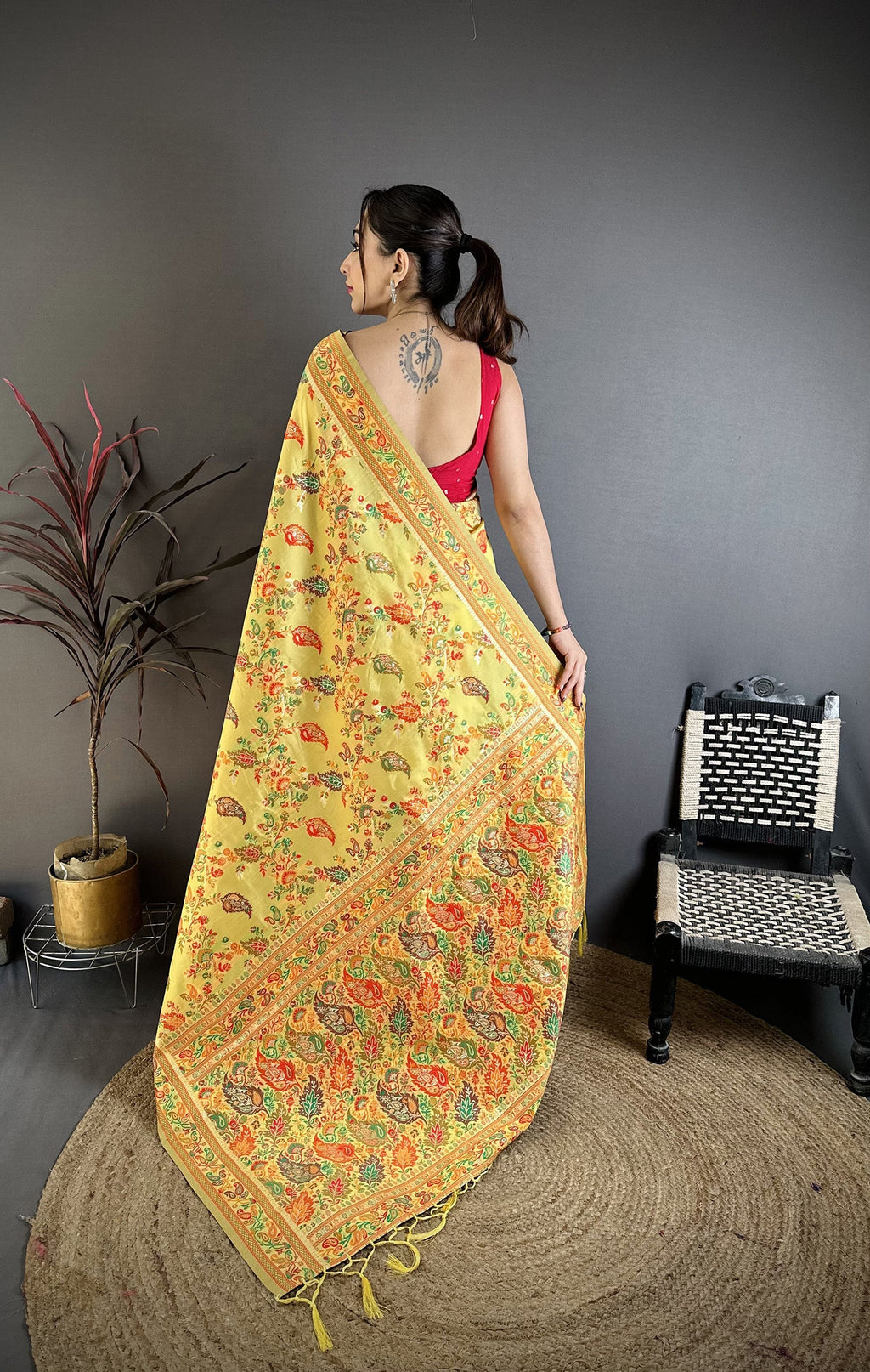 Elora Yellow Pashmina Silk  Floral & Leaf Elements Madhubani Design Kashmiri Saree | Grocsy