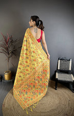 Elora Yellow Pashmina Silk  Floral & Leaf Elements Madhubani Design Kashmiri Saree | Grocsy