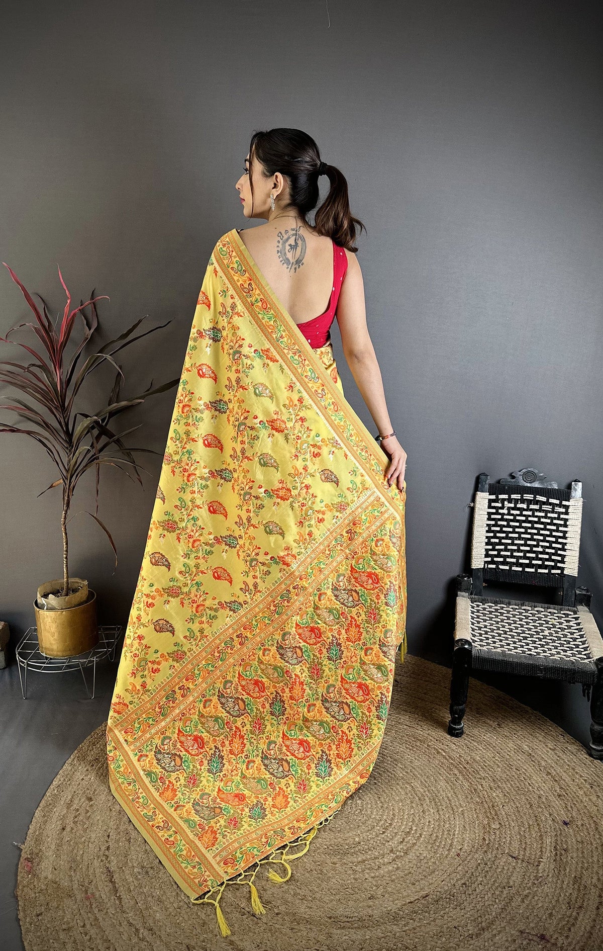 Elora Yellow Pashmina Silk  Floral & Leaf Elements Madhubani Design Kashmiri Saree | Grocsy