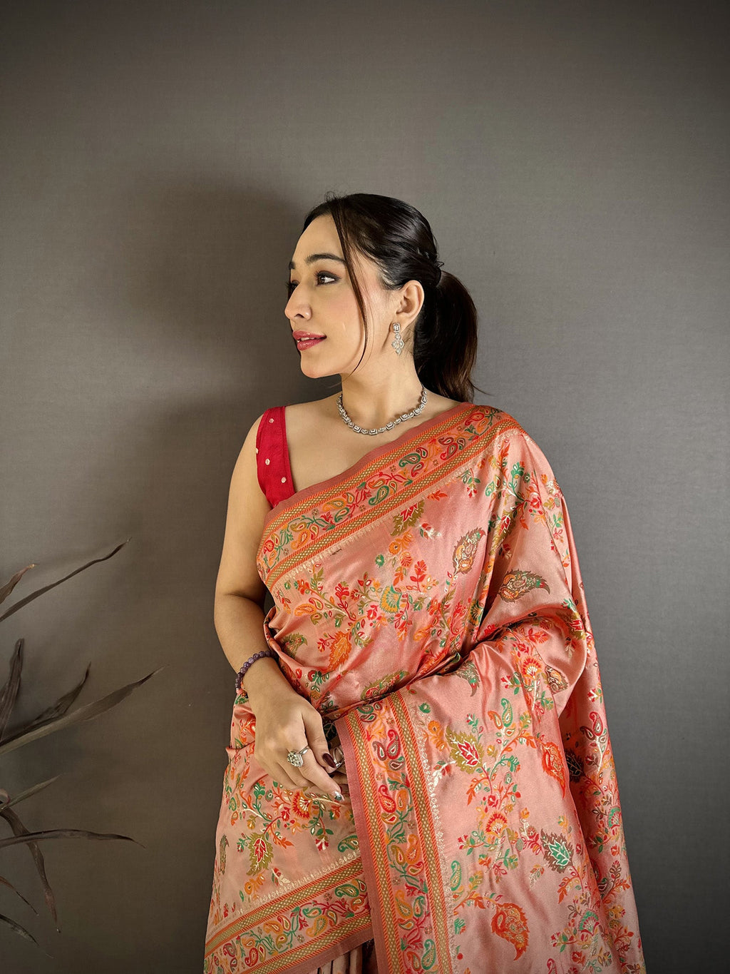 Elora Coral Pashmina Silk Floral Paisley Patterns Madhubani Design Kashmiri Saree | Grocsy