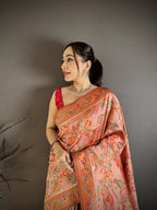 Elora Coral Pashmina Silk Floral Paisley Patterns Madhubani Design Kashmiri Saree | Grocsy
