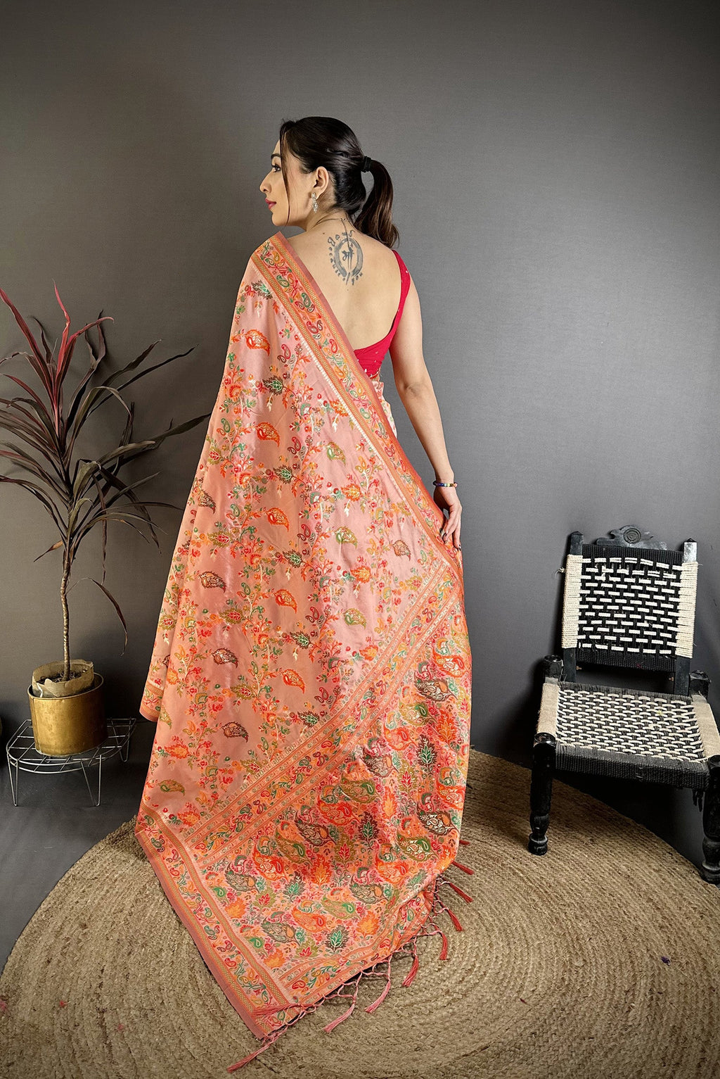 Elora Coral Pashmina Silk Floral Paisley Patterns Madhubani Design Kashmiri Saree | Grocsy