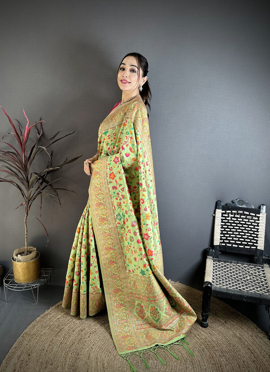 Elora Pastel Green Pashmina Silk Meenakari Weaving Madhubani Design Kashmiri Saree | Grocsy