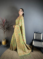 Elora Pastel Green Pashmina Silk Meenakari Weaving Madhubani Design Kashmiri Saree | Grocsy