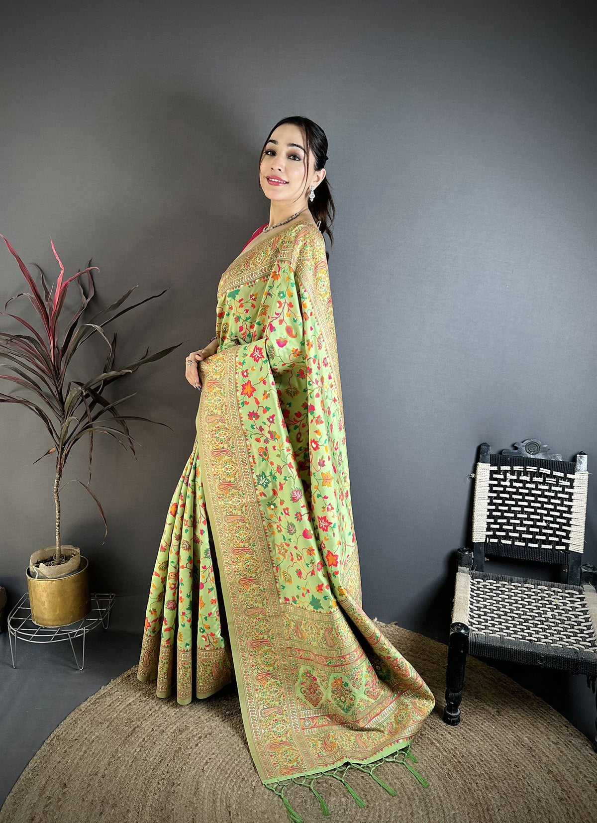 Elora Pastel Green Pashmina Silk Meenakari Weaving Madhubani Design Kashmiri Saree | Grocsy