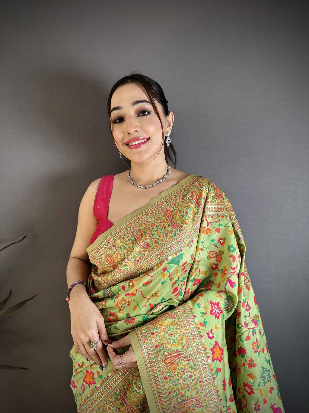 Elora Pastel Green Pashmina Silk Meenakari Weaving Madhubani Design Kashmiri Saree | Grocsy