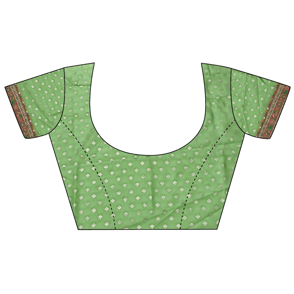Elora Pastel Green Pashmina Silk Meenakari Weaving Madhubani Design Kashmiri Saree | Grocsy