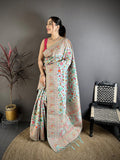Elora Light Blue Pashmina Silk Meenakari Weaving Madhubani Design Kashmiri Saree | Grocsy