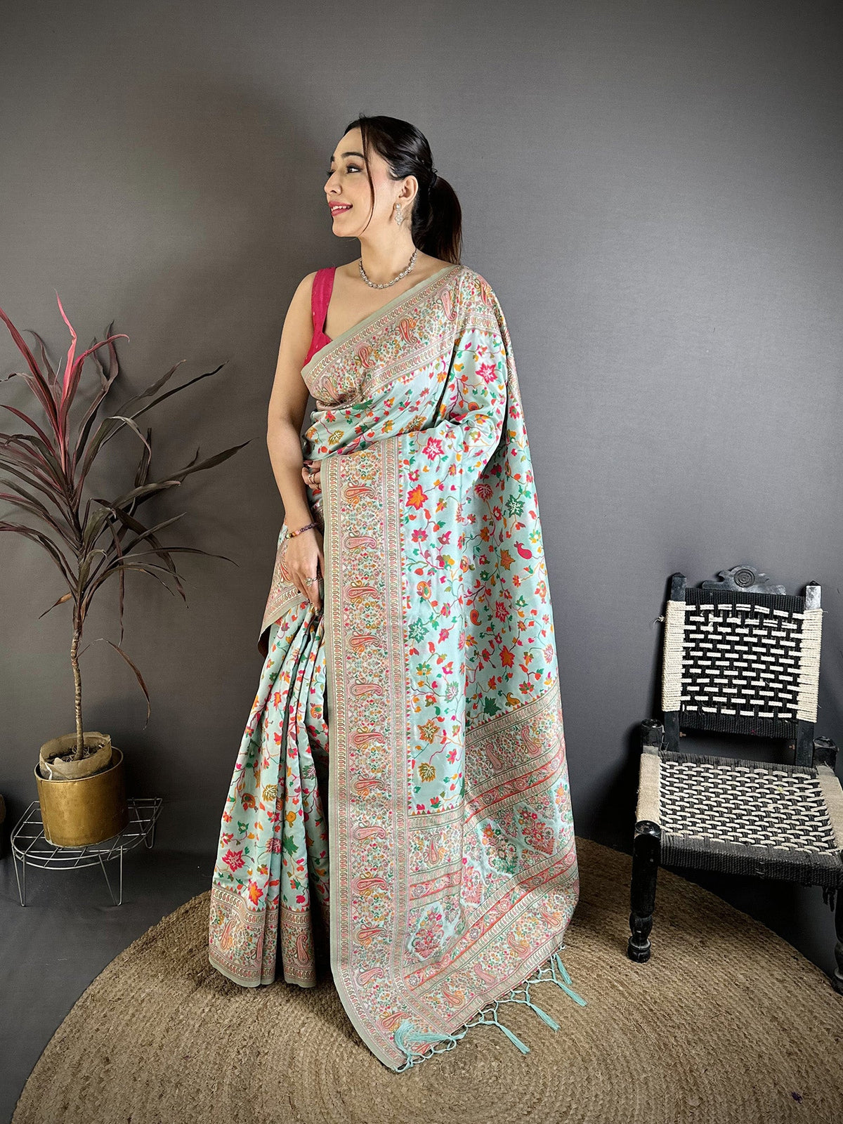 Elora Light Blue Pashmina Silk Meenakari Weaving Madhubani Design Kashmiri Saree | Grocsy