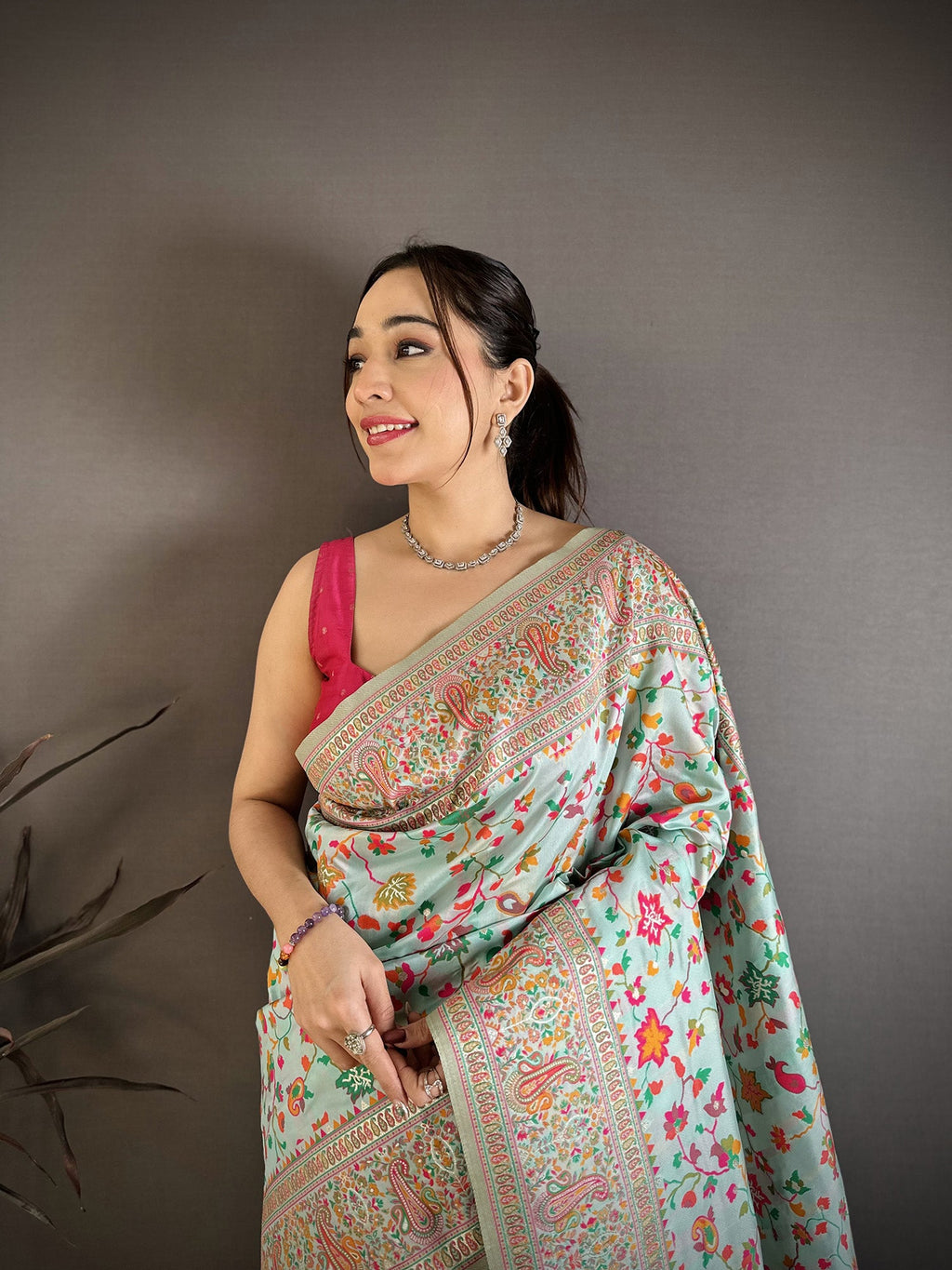 Elora Light Blue Pashmina Silk Meenakari Weaving Madhubani Design Kashmiri Saree | Grocsy