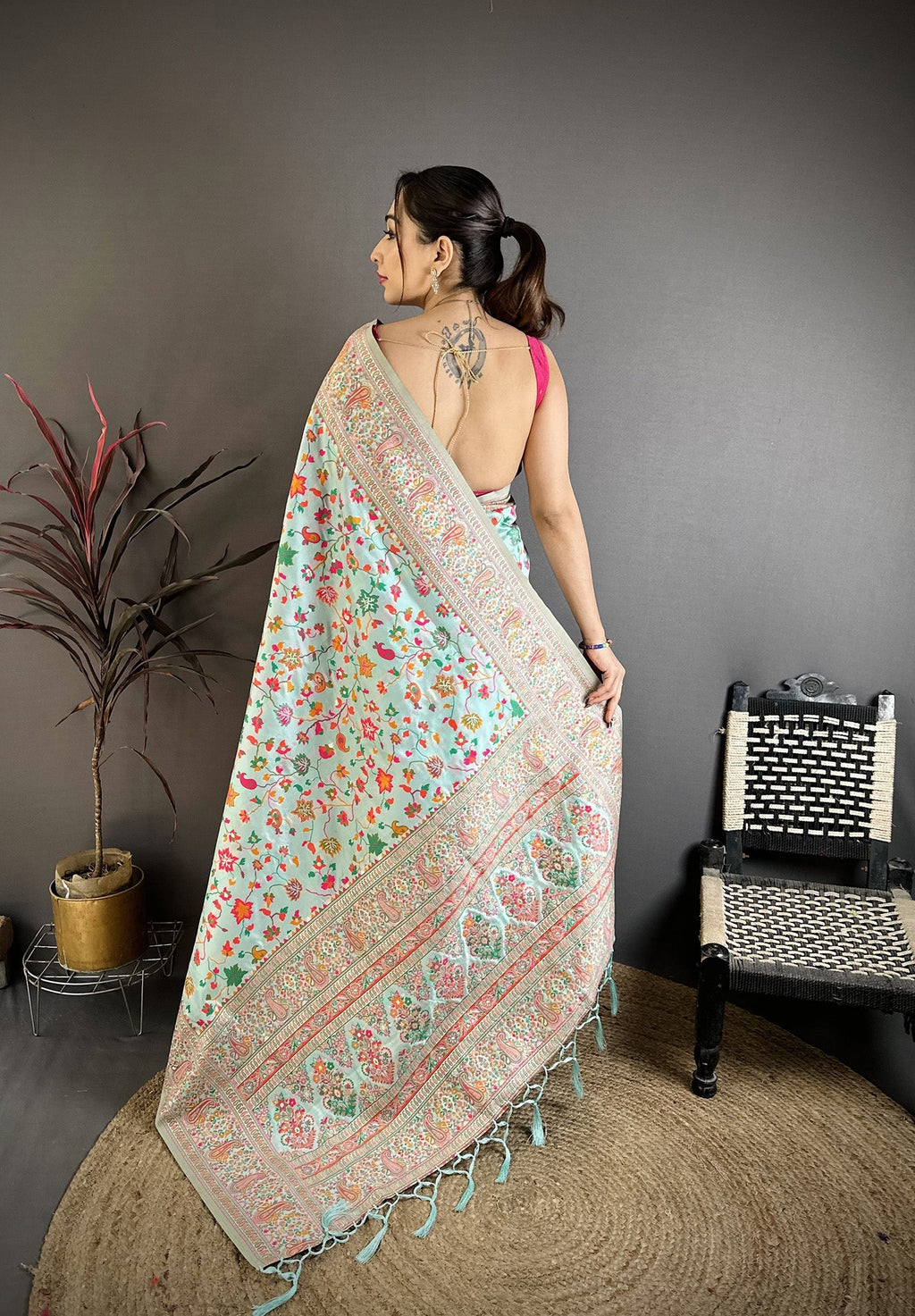 Elora Light Blue Pashmina Silk Meenakari Weaving Madhubani Design Kashmiri Saree | Grocsy