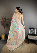 Elora Light Blue Pashmina Silk Meenakari Weaving Madhubani Design Kashmiri Saree | Grocsy