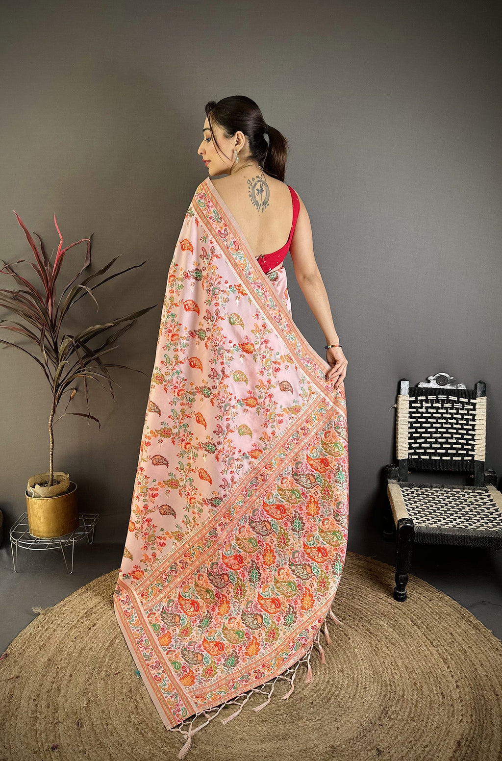 Elora Pretty Pink Pashmina Silk Meenakari Weaving Madhubani Design Kashmiri Saree | Grocsy