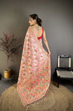 Elora Pretty Pink Pashmina Silk Meenakari Weaving Madhubani Design Kashmiri Saree | Grocsy
