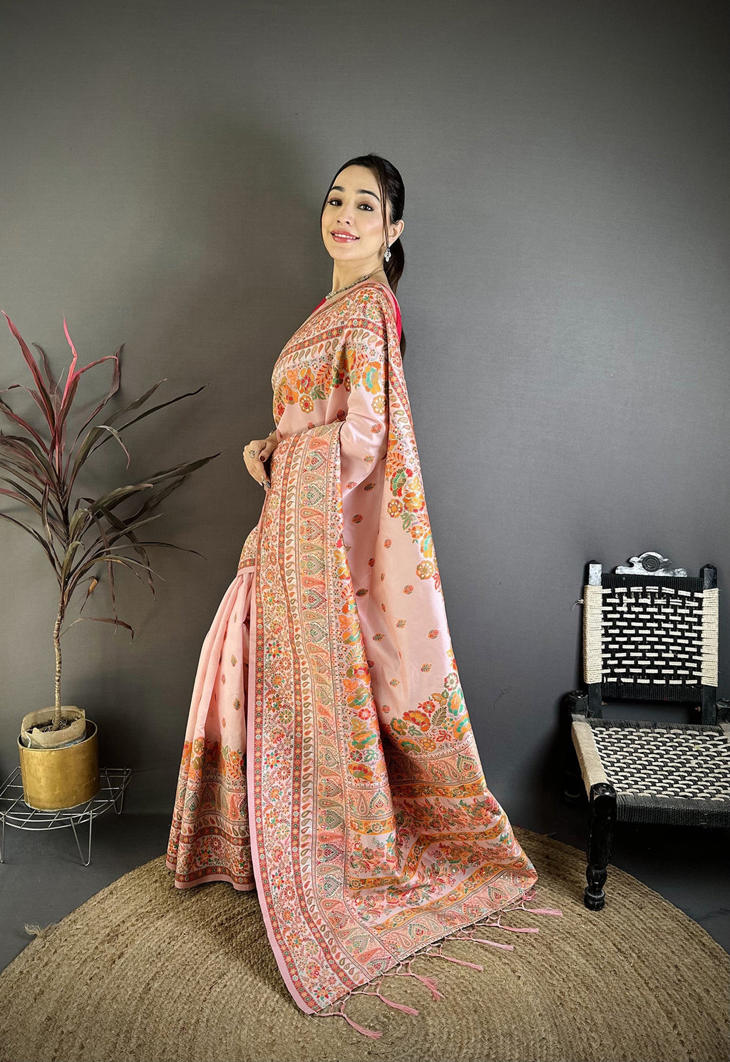 Elora Peach Pashmina Silk Meenakari Weaving Madhubani Design Kashmiri Saree | Grocsy