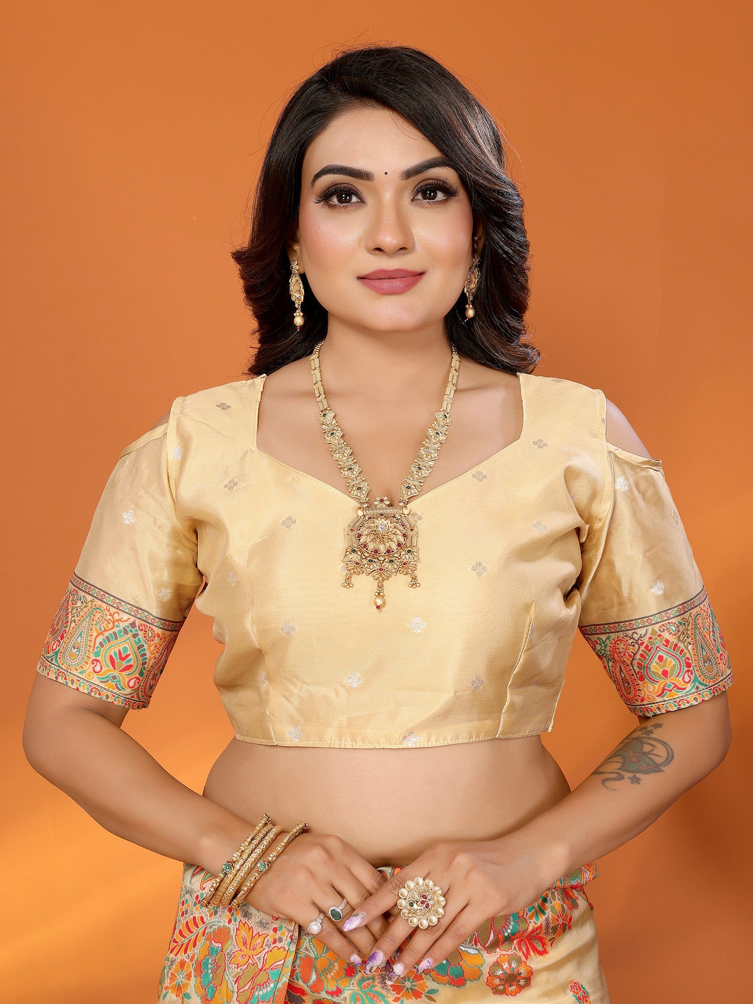 Elora Peach Pashmina Silk Meenakari Weaving Madhubani Design Kashmiri Saree | Grocsy