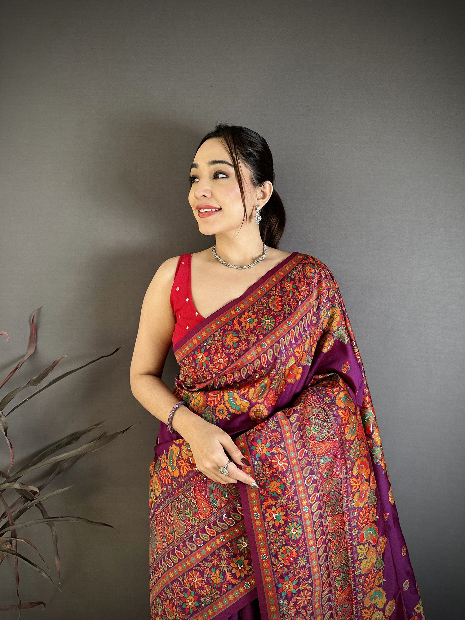 Elora Burgundy Pashmina Silk Meenakari Weaving Madhubani Design Kashmiri Saree | Grocsy