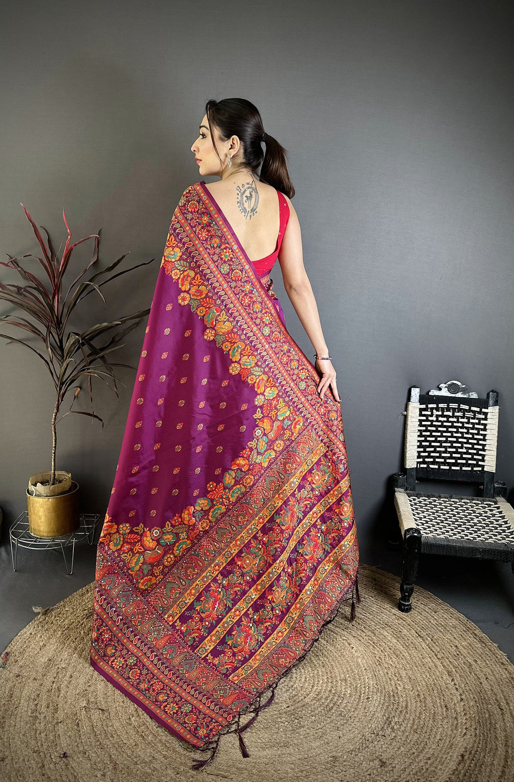 Elora Burgundy Pashmina Silk Meenakari Weaving Madhubani Design Kashmiri Saree | Grocsy