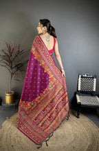 Elora Burgundy Pashmina Silk Meenakari Weaving Madhubani Design Kashmiri Saree | Grocsy