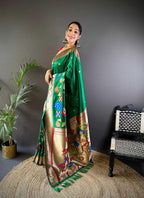 Elora Dark Green Soft Silk Motifs Mina Zari Weaving Paithani Saree | Grocsy