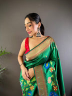 Elora Dark Green Soft Silk Motifs Mina Zari Weaving Paithani Saree | Grocsy