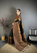 Elora Black Pashmina Silk Meenakari Weaving Madhubani Design Kashmiri Saree | Grocsy