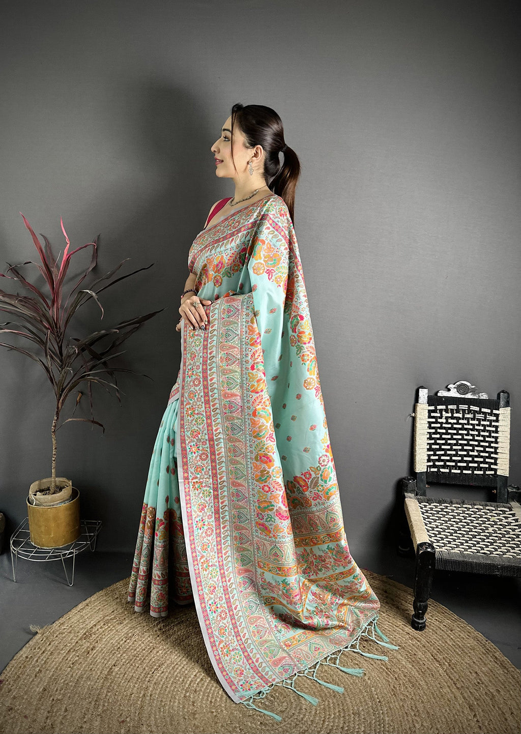 Elora Sky Blue Pashmina Silk Meenakari Weaving Madhubani Design Kashmiri Saree | Grocsy