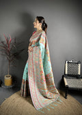 Elora Sky Blue Pashmina Silk Meenakari Weaving Madhubani Design Kashmiri Saree | Grocsy