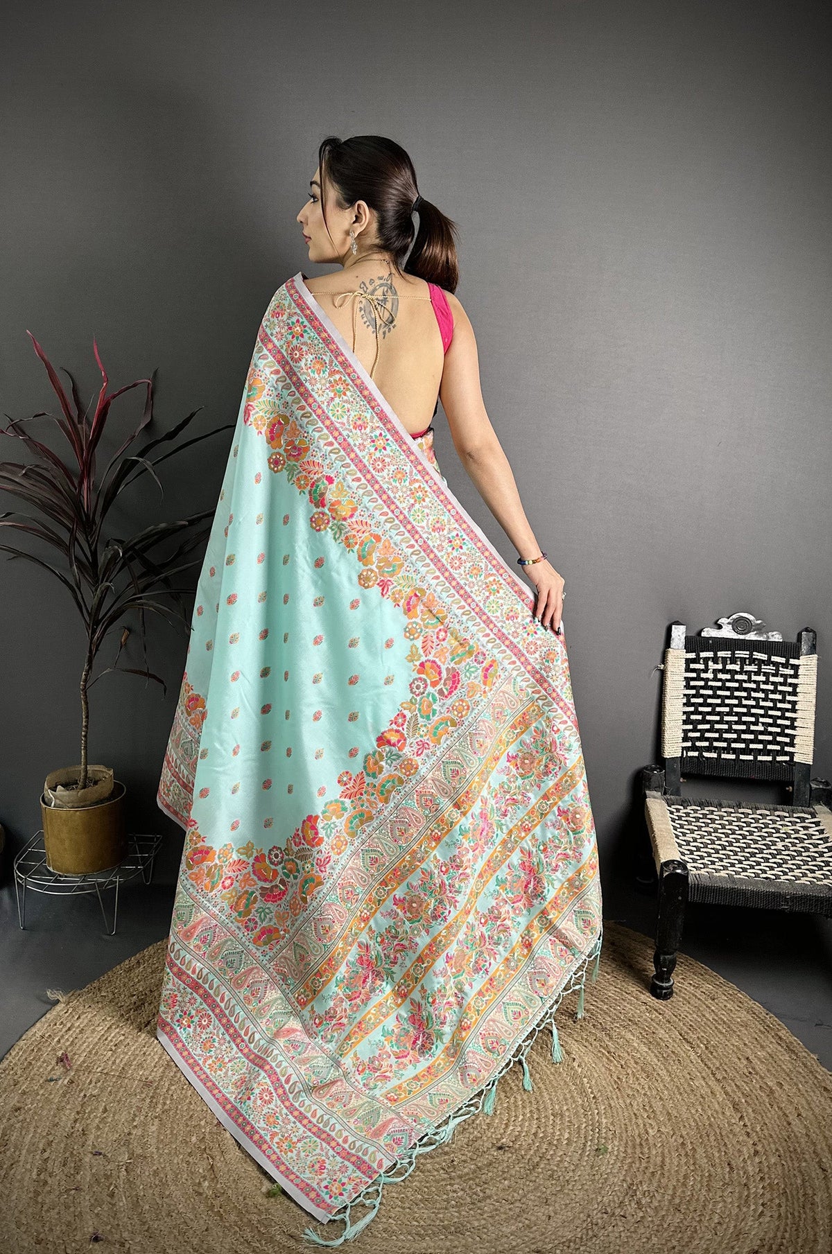 Elora Sky Blue Pashmina Silk Meenakari Weaving Madhubani Design Kashmiri Saree | Grocsy