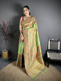 Elora Light Green Pashmina Silk Meenakari Weaving Madhubani Design Kashmiri Saree | Grocsy