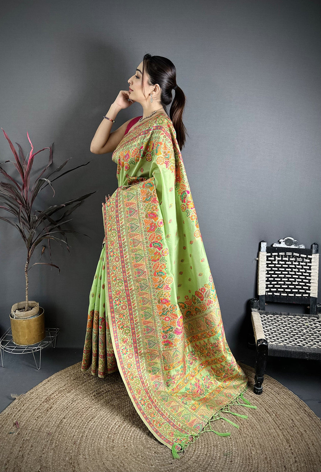 Elora Light Green Pashmina Silk Meenakari Weaving Madhubani Design Kashmiri Saree | Grocsy