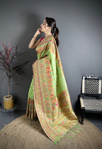 Elora Light Green Pashmina Silk Meenakari Weaving Madhubani Design Kashmiri Saree | Grocsy