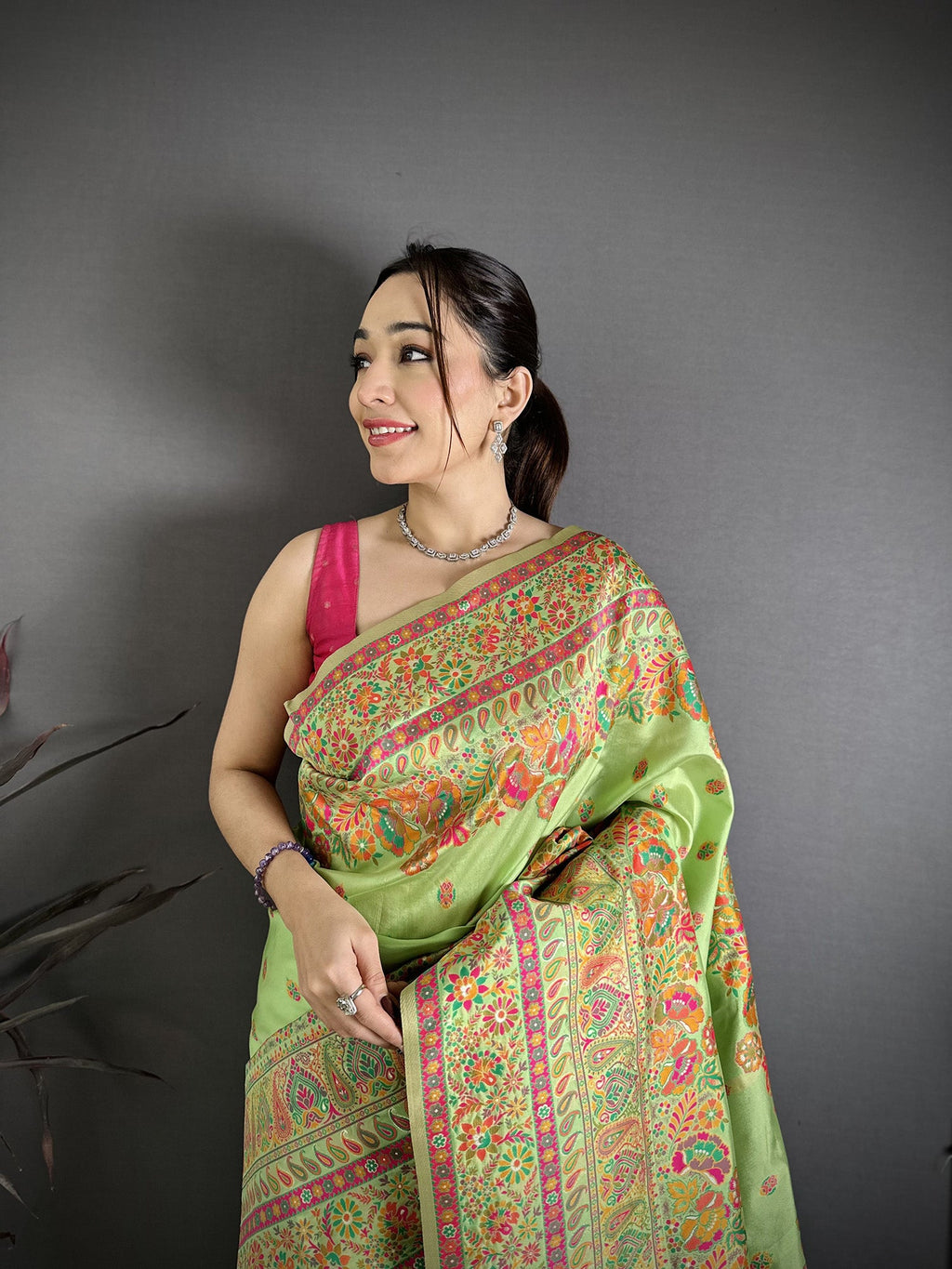 Elora Light Green Pashmina Silk Meenakari Weaving Madhubani Design Kashmiri Saree | Grocsy