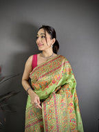 Elora Light Green Pashmina Silk Meenakari Weaving Madhubani Design Kashmiri Saree | Grocsy